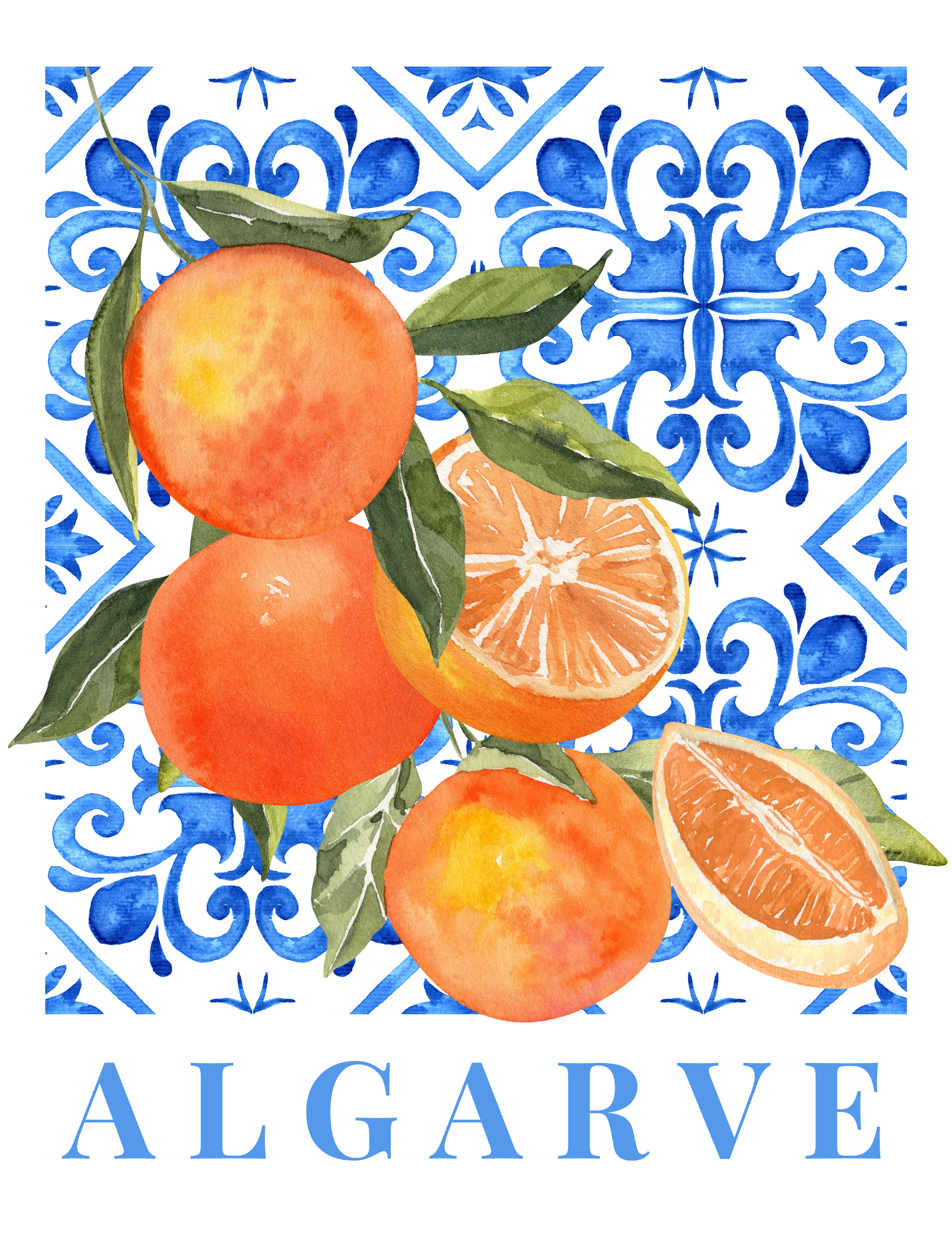 Mediterranean Citrus Botanical Print with vibrant oranges and lemons on a neutral background