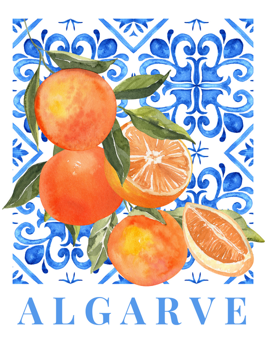 Mediterranean Citrus Botanical Print with vibrant oranges and lemons on a neutral background