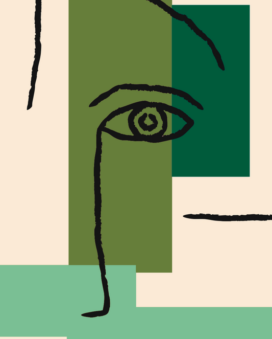 Minimalist Abstract Face Print with a continuous line drawing of a face and abstract shapes