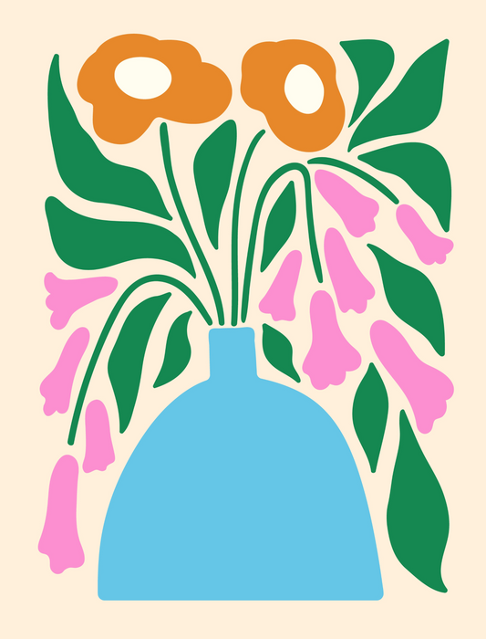 Vibrant Floral Vase Print with a colorful bouquet of flowers in a patterned ceramic vase