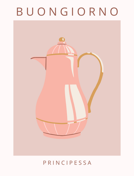 Buongiorno Principessa Teapot Print with an Italian ceramic teapot and vintage typography