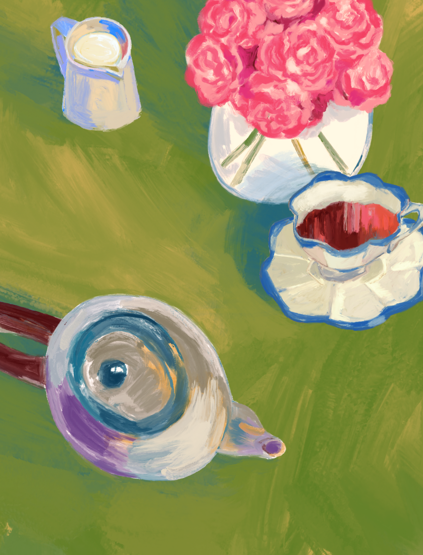 Floral Tea Party Print with a whimsical tea set surrounded by spring flowers