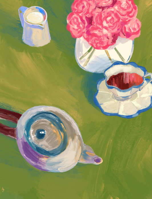 Floral Tea Party Print with a whimsical tea set surrounded by spring flowers