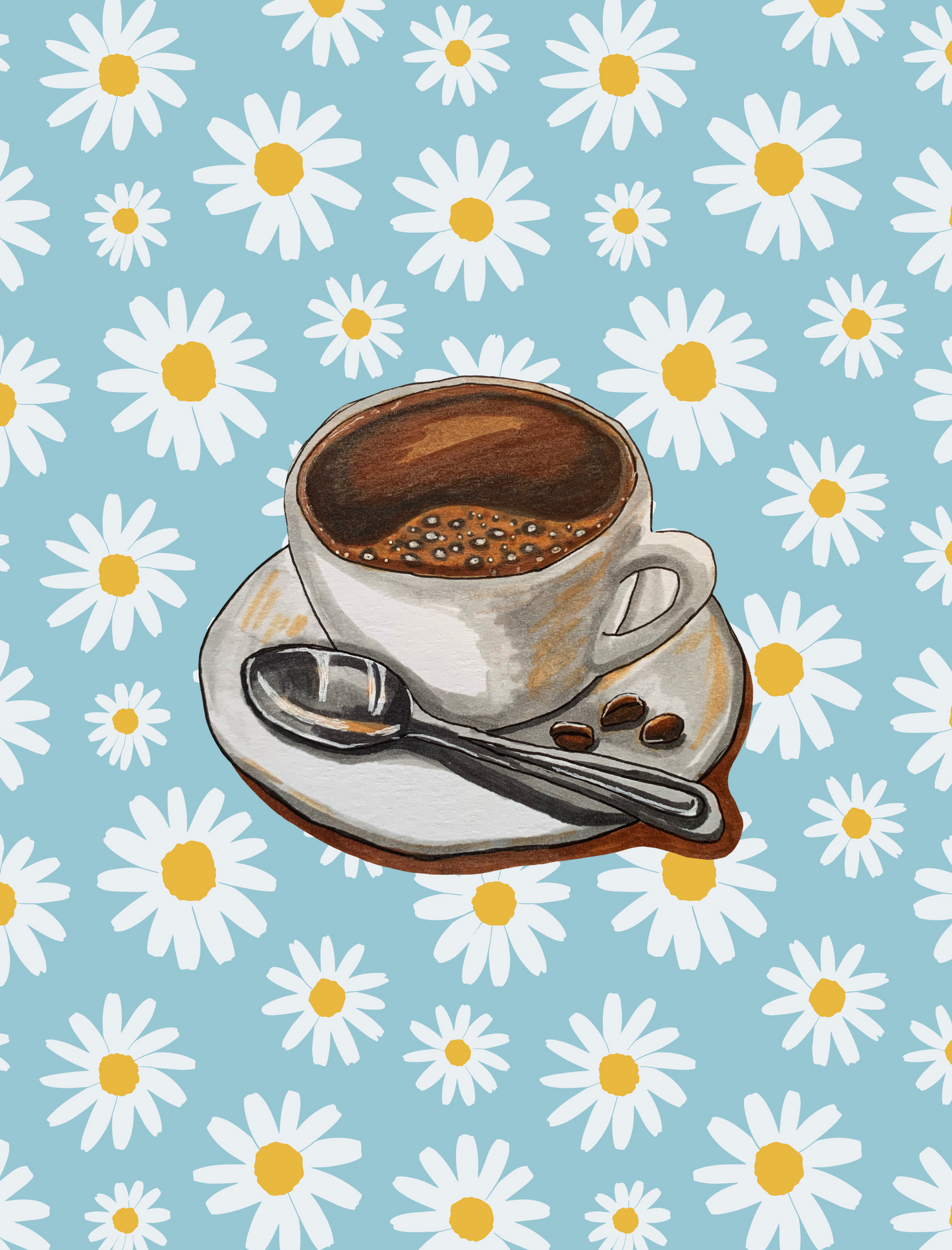 Daisy Coffee Wall Art featuring a retro coffee mug adorned with cute white daisies