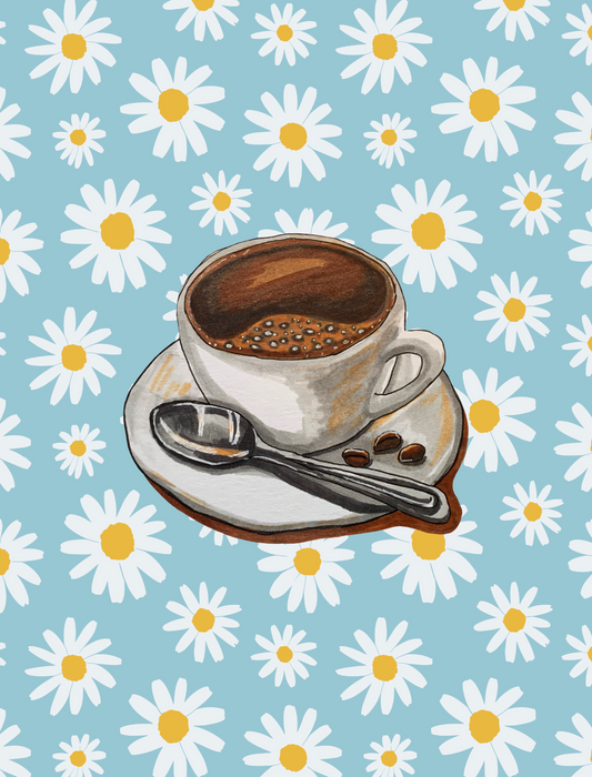 Daisy Coffee Wall Art featuring a retro coffee mug adorned with cute white daisies