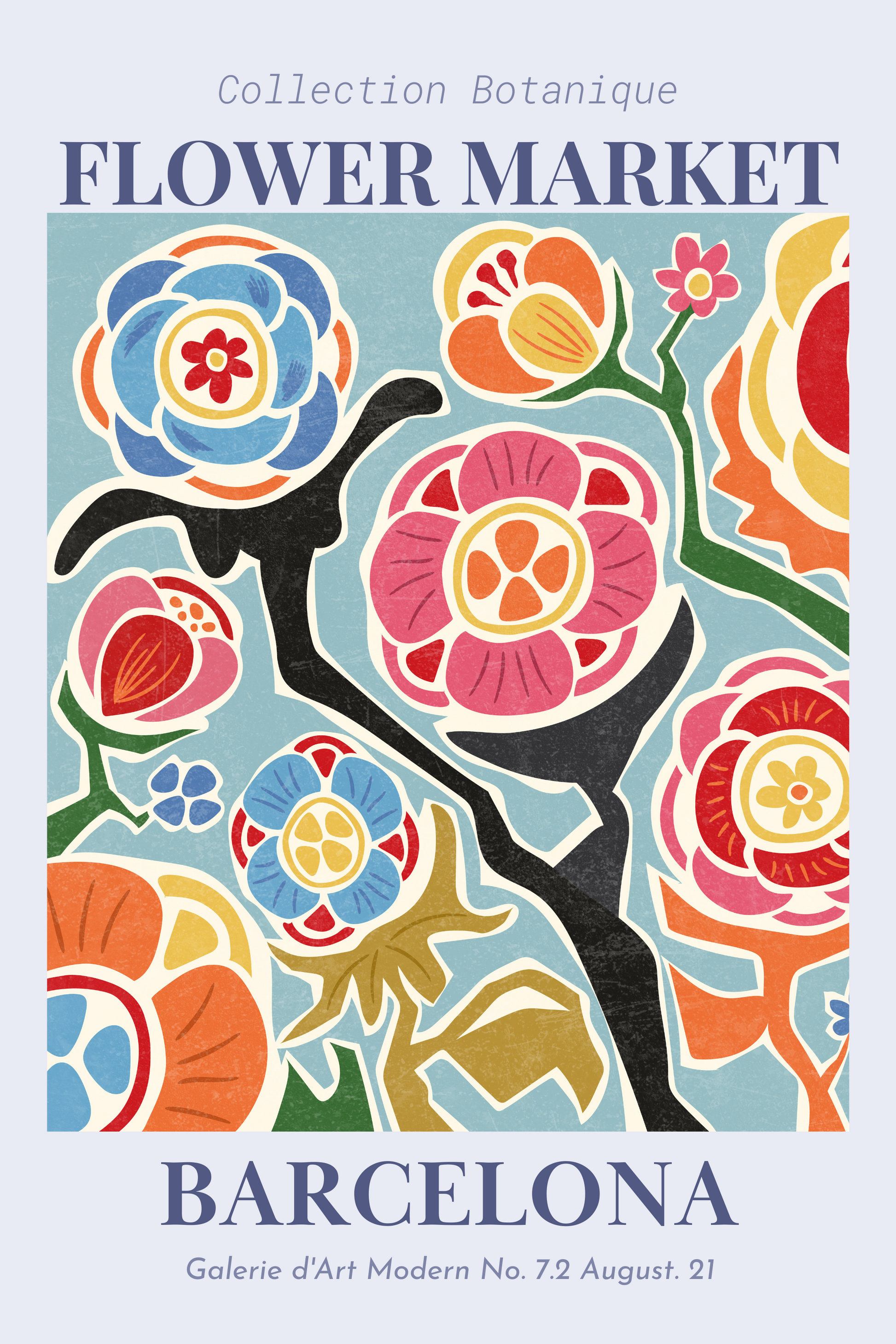 Barcelona Flower Market Poster with vintage European style typography and bright bouquets