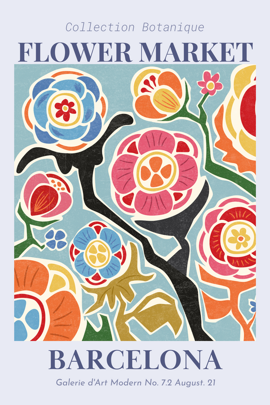Barcelona Flower Market Poster with vintage European style typography and bright bouquets
