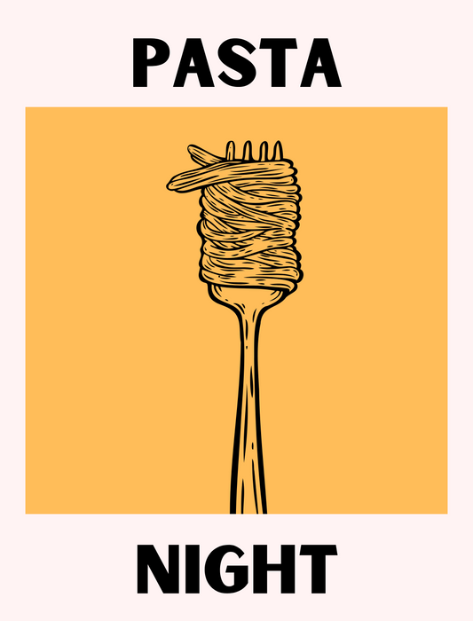 Pasta Night Kitchen Art with a cozy Italian dinner aesthetic featuring a bowl of spaghetti