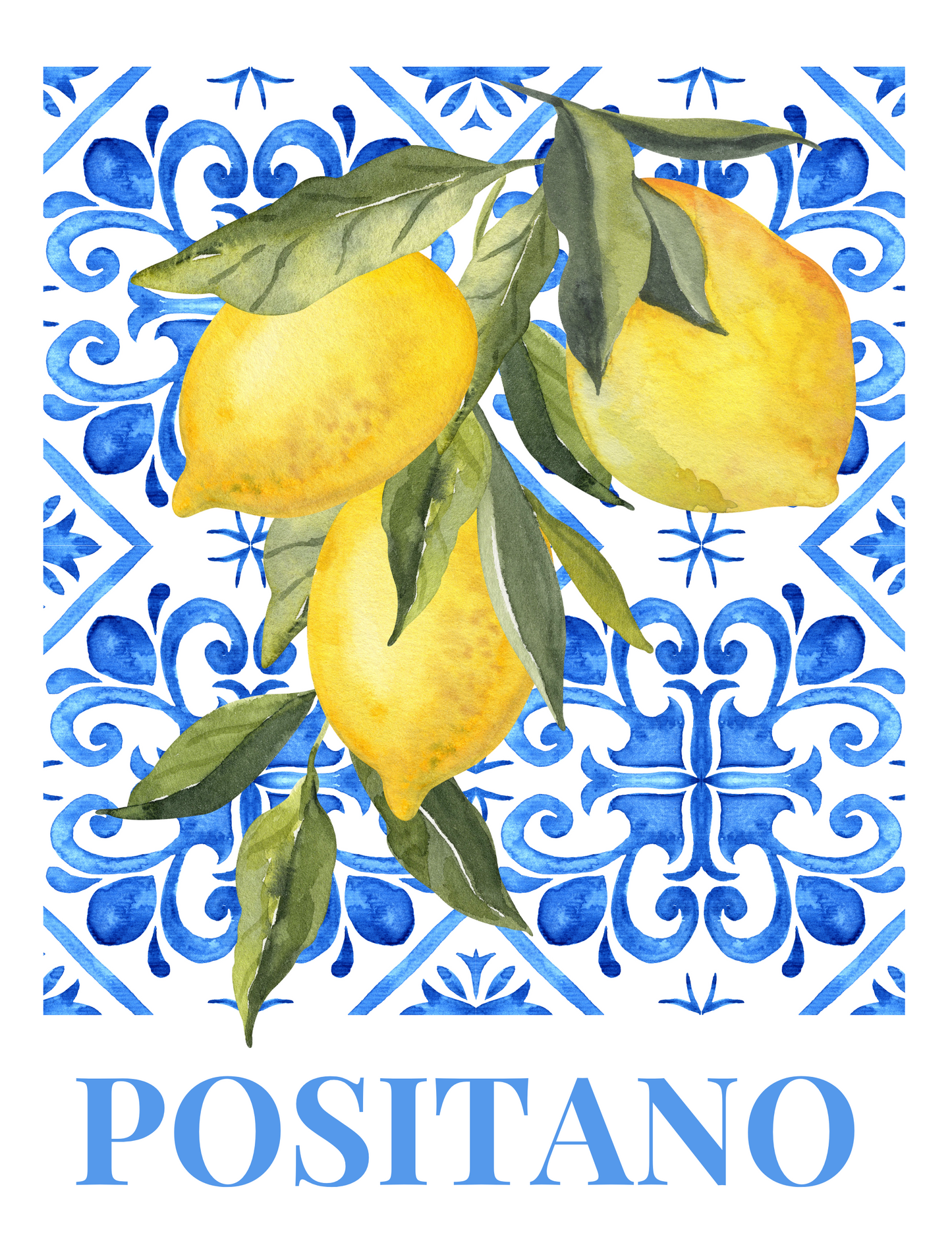 Positano Lemon Botanical Poster featuring bright yellow lemons and green leaves Amalfi Coast style