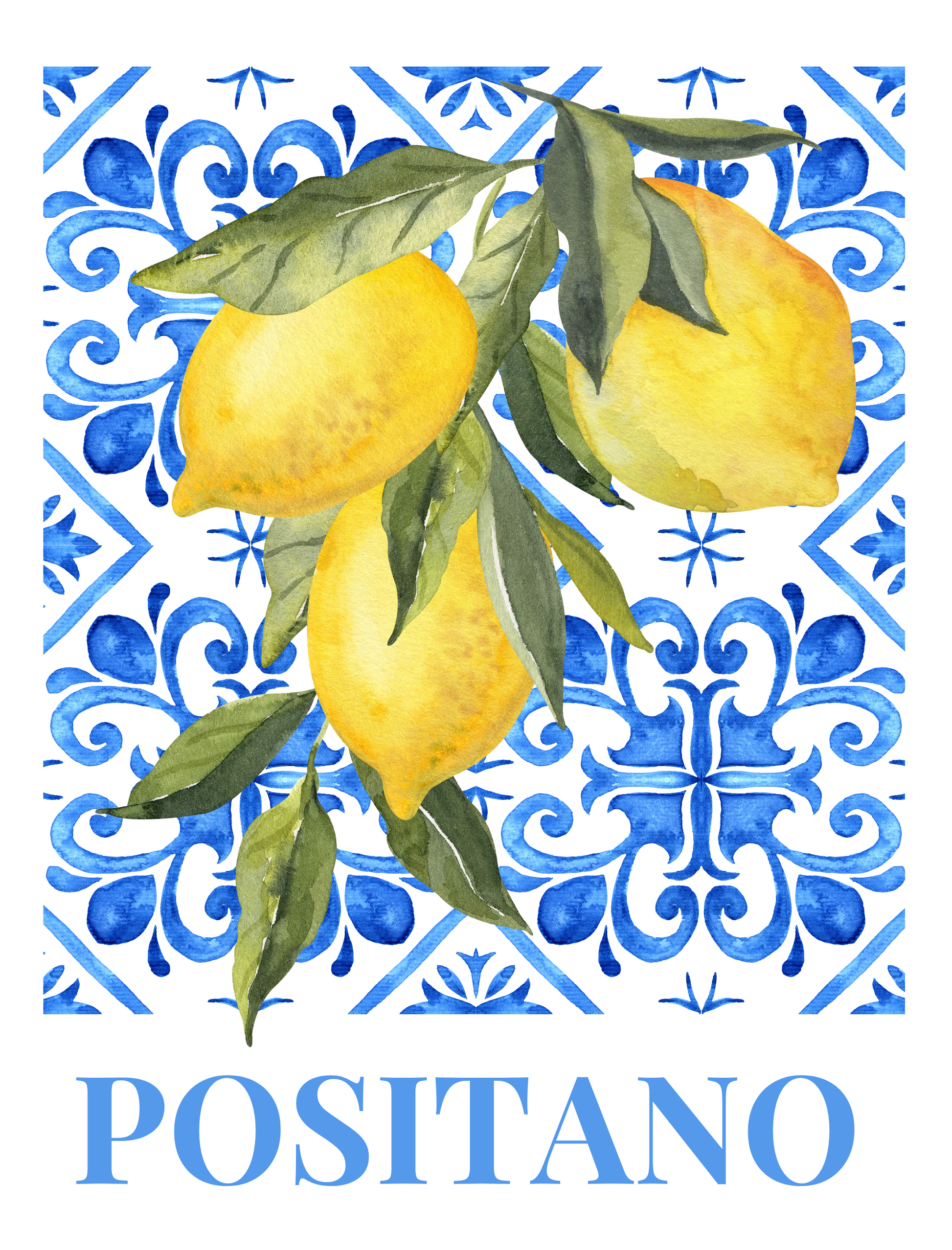 Positano Lemon Botanical Poster featuring bright yellow lemons and green leaves Amalfi Coast style