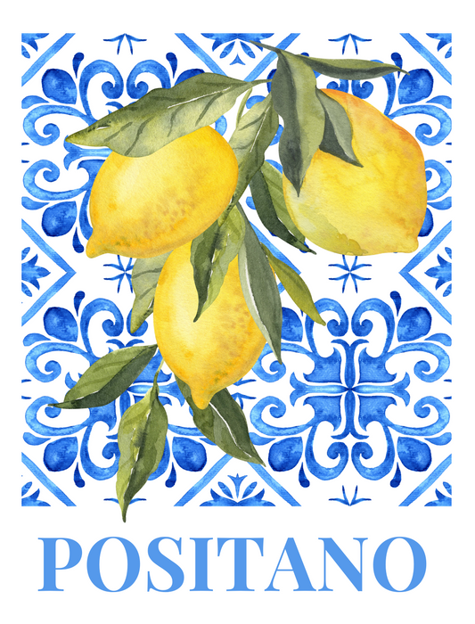 Positano Lemon Botanical Poster featuring bright yellow lemons and green leaves Amalfi Coast style