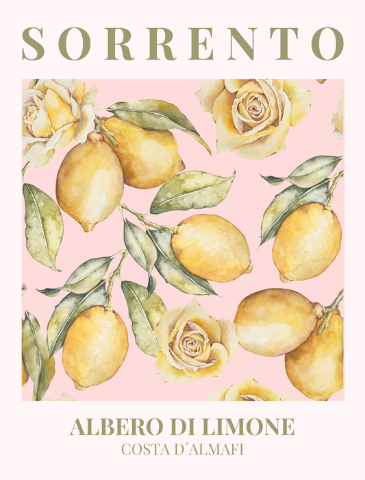 Sorrento Lemon Watercolor Print with soft textured citrus fruits painted in vibrant watercolors